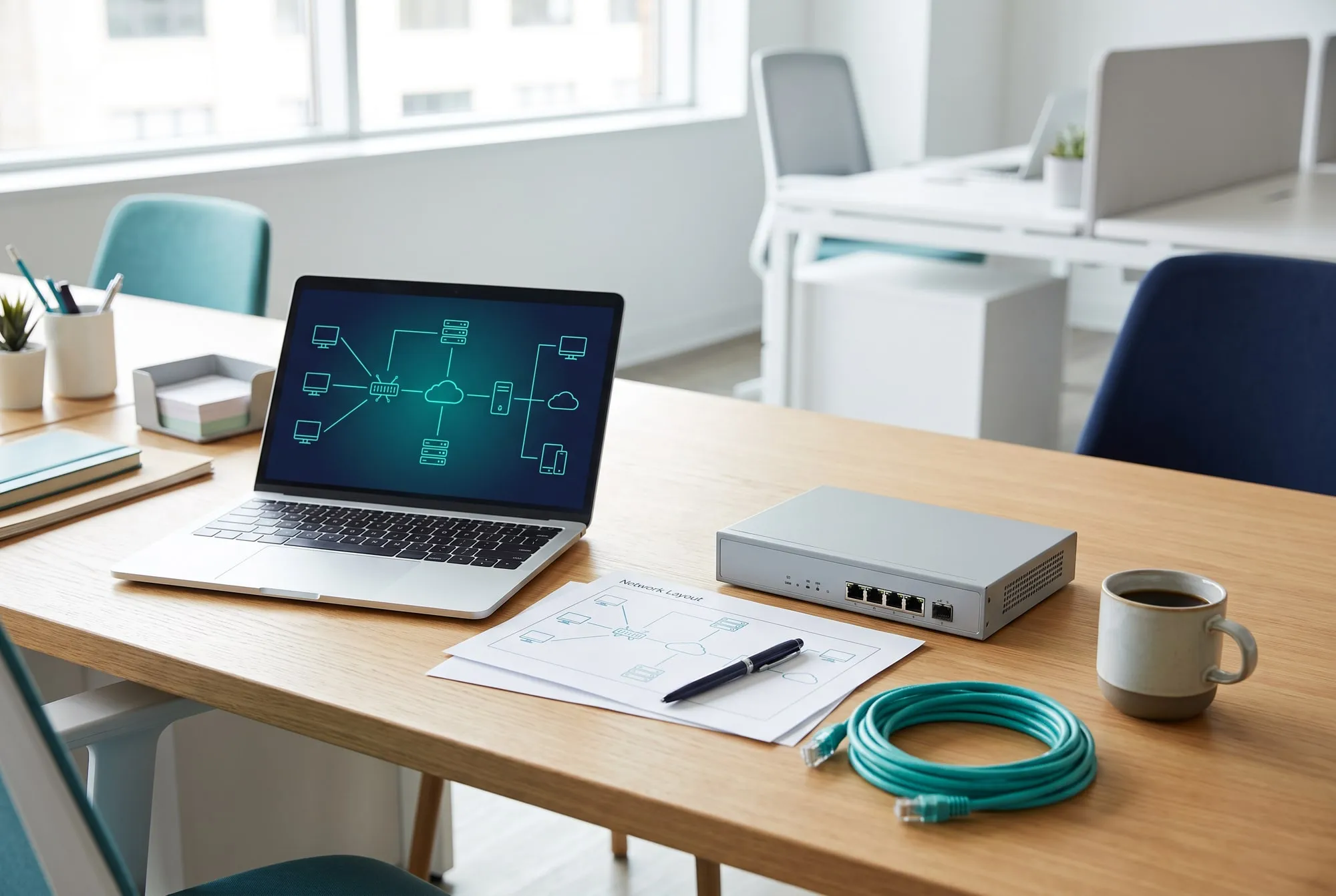A planning desk: a laptop showing a network diagram, a printed network layout, a small firewall and a teal patch cable